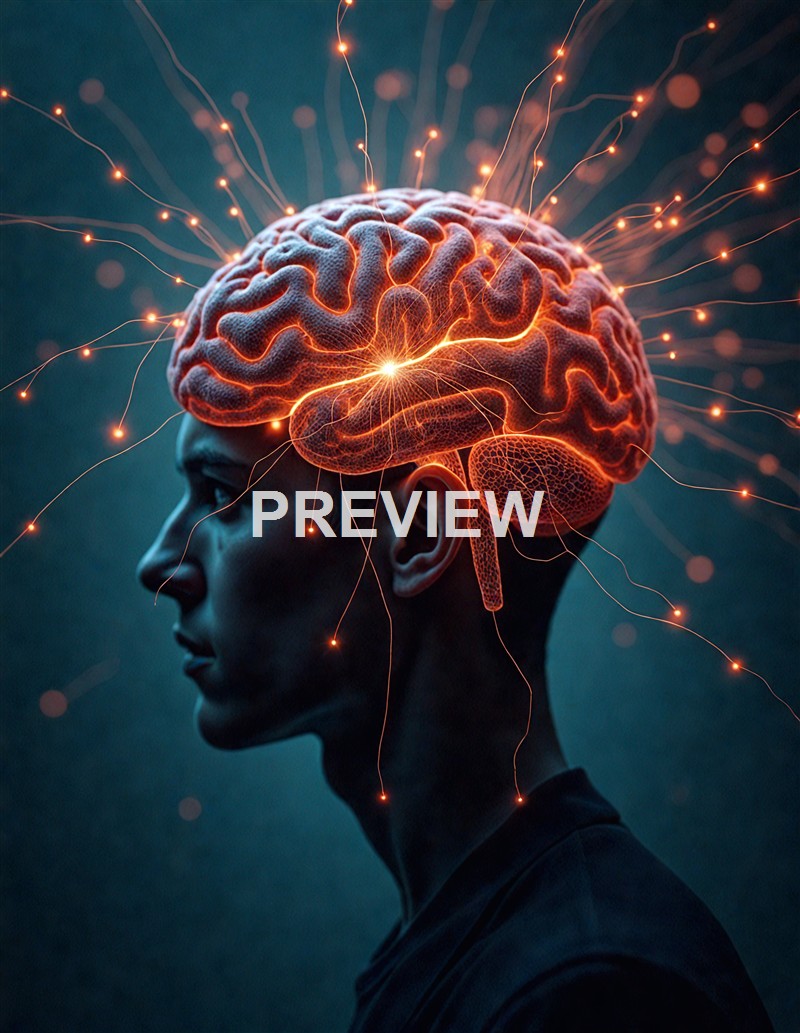A digital illustration of a human head in profile with a glowing, semi-transparent brain emitting electric sparks, representing neural activity and connectivity.